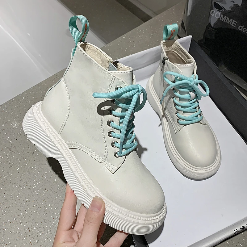 

Motorcycle Boots Women 2021 Autumn New candy color flats High Tops Sneakers lace up British style short tube net red Ankle boots