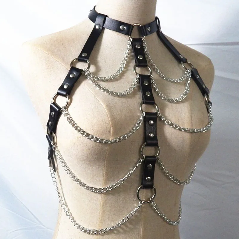 Кожаная металлическая цепочка на тело Bralette топ клетка жгут тела панк Готическая