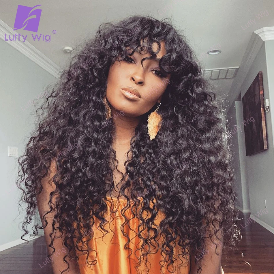 Кудрявый вьющийся парик человеческие волосы с челкой 200 плотность бразильская