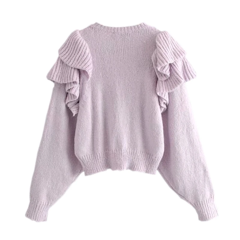 Женский милый гофрированный вязаный свитер с длинным рукавом и круглым вырезом