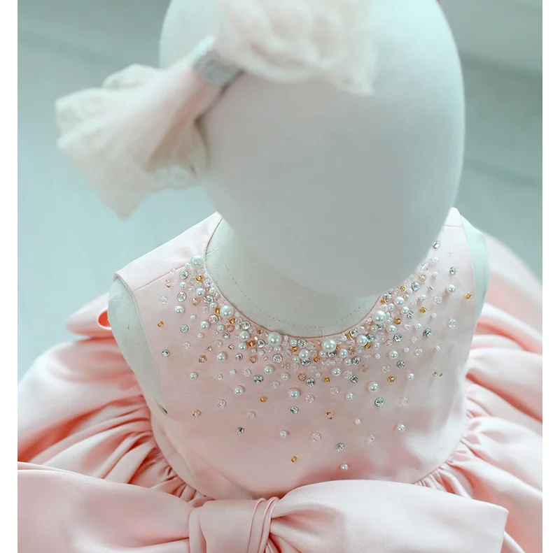 

Flower Vintage Satin Beaded Baby Girls Dress Opening Ceremony Clothing Tutu Party Children Wear Princess Dress Kids Vestidos