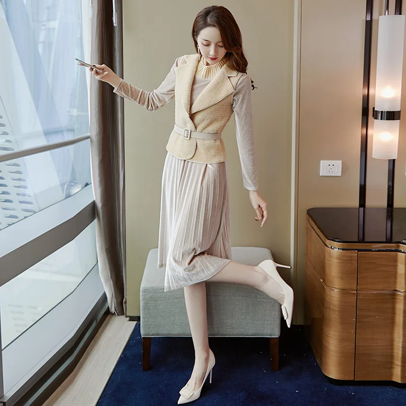 TiLeewon Модный комплект из двух предметов Цвет хаки плиссированное платье с