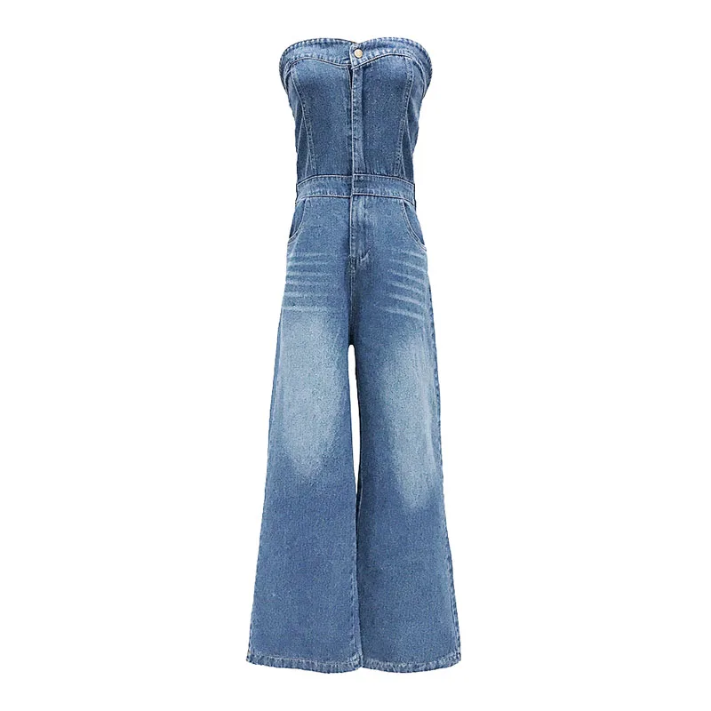 

PERHAPS U Women Strapless Sleeveless Full Length Blue Denim Jumpsuit Vocation Holiday Beach Sexy Pocket J0084