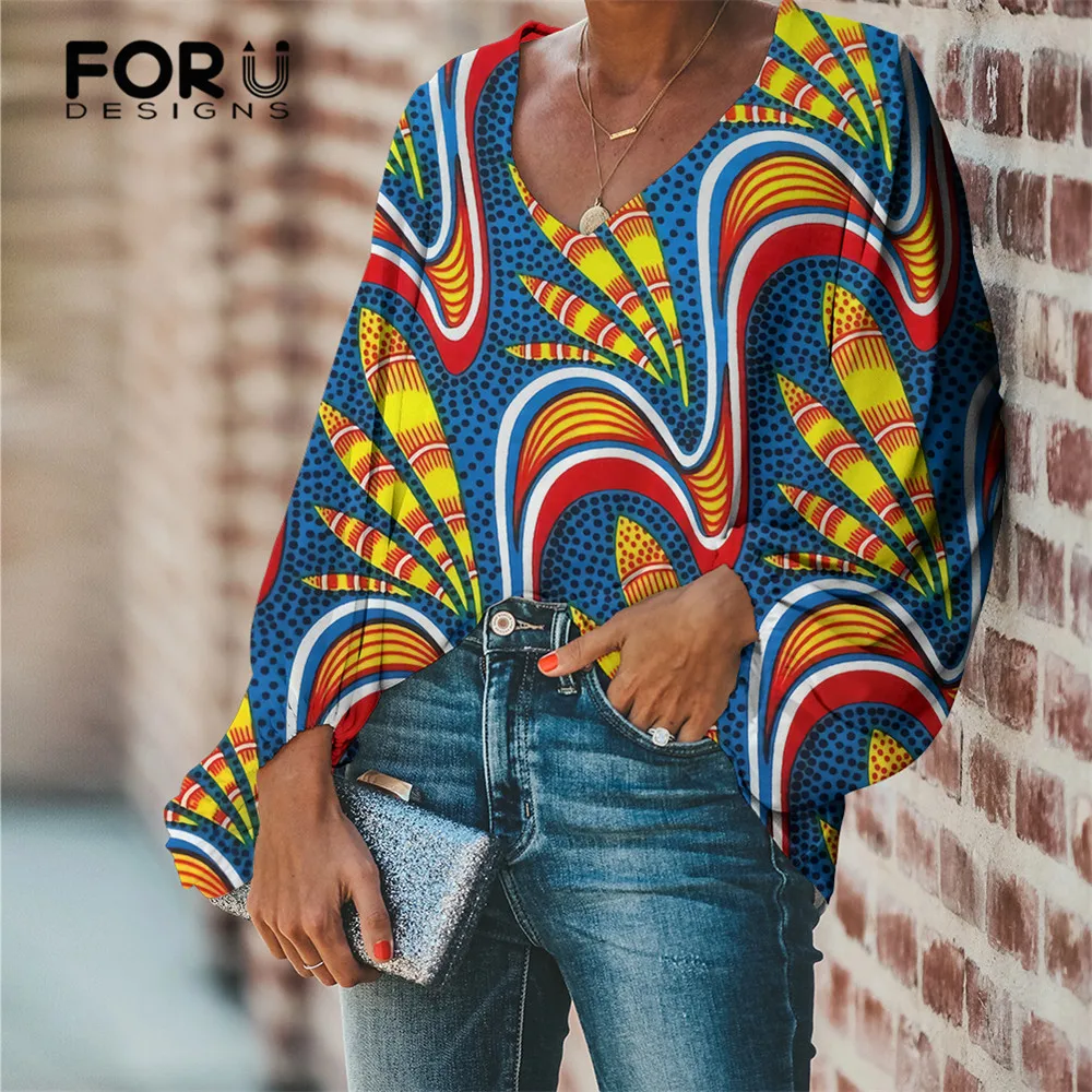 

FORUDESIGNS Blue Loose Oversized Blouses for Ladies Retro African Tribe Printing Long Sleeve Chiffon Shirt Women's Clothing 2021