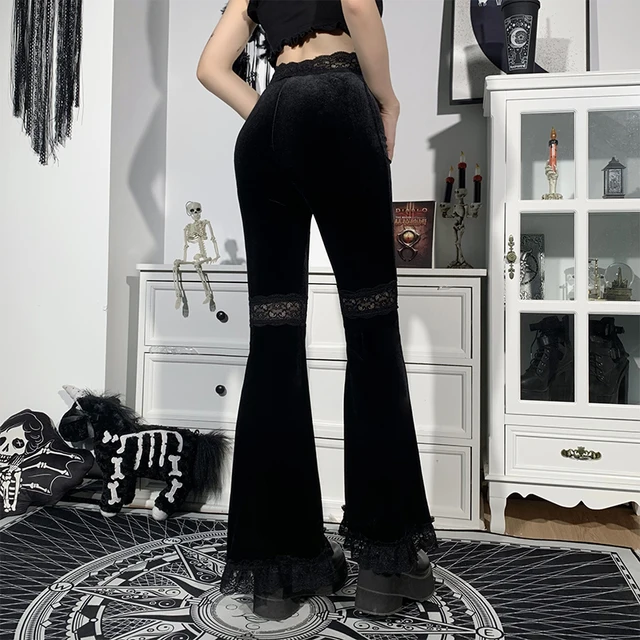 【大人気★】*BlackEyePatch* B EMBLEM VELOUR FLARED PANTS Altgoth Harajuku Punk Gothic Flare Pants Women Grunge Street