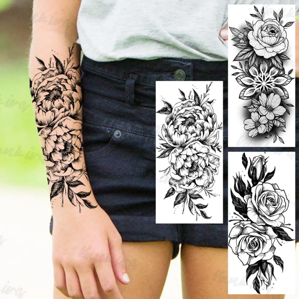 

Черная Маргаритка, временные татуировки для женщин, реалистичные татуировки для взрослых, Далия хна, искусственные бриллиантовые татуиров...