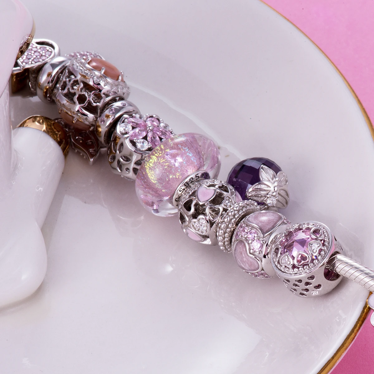 Подвеска для браслета из серебра 925 пробы в виде розового жемчужного сердца с