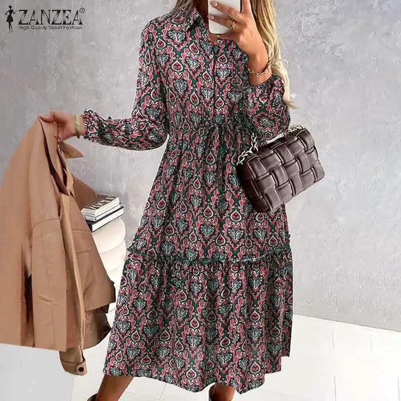 

ZANZEA Spring Bohemian Floral Printed Sundress Women Elegant Lapel Neck Long Sleeve Holiday Vestidos Casual Work Midi Sundress
