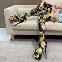 sexy over the knee boots women 22cm thin high heels shoes ladies long boots female flowers pumps steel pipe dance botas de mujer