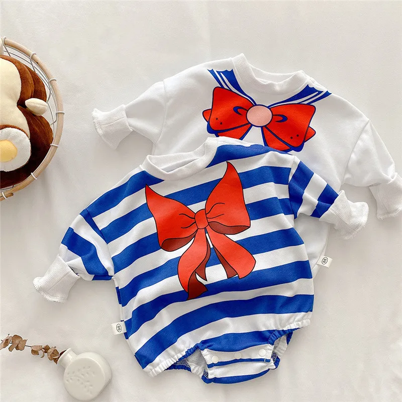 

2021 Spring Autumn Infant Girls Clothing Cotton Striped Bow Print Long Sleeve Baby Bodysuits