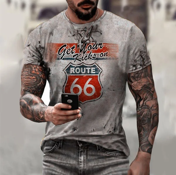 2021 Летняя мужская футболка винтажная Европейская и американская 66 дорожная с