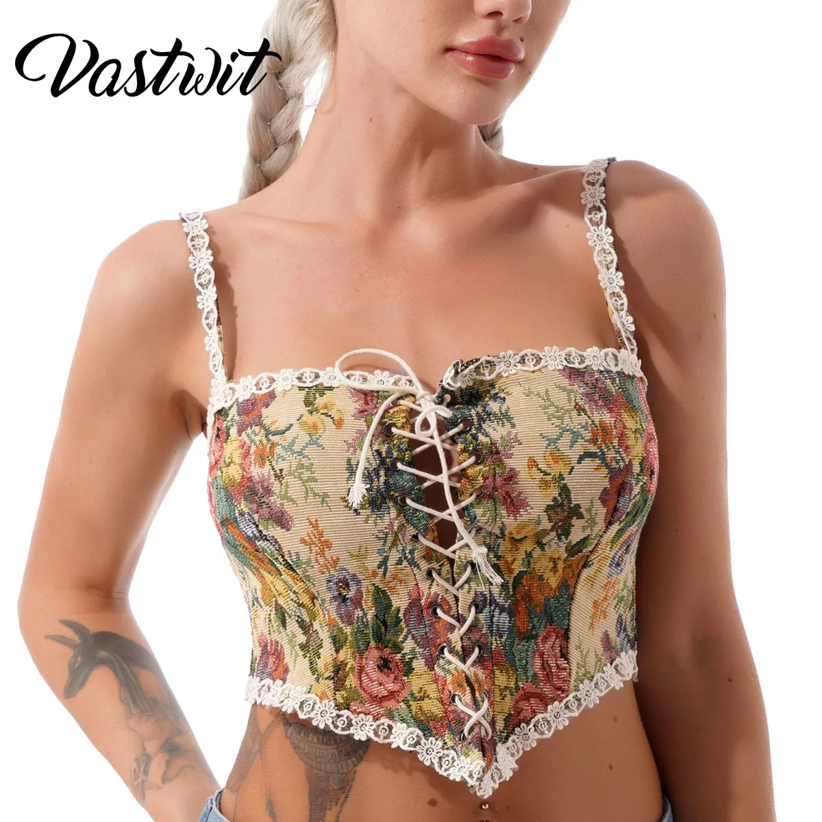 

Vintage Corset Crop Top Women Sexy Floral Lace Bustier Top Elegant Camisole Tanks Tops