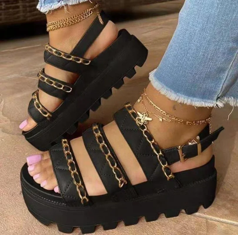 

Luxury Trendy Women Platform Wedges Gladiator Sandals Microfiber Leather Metal Chain Decorate Beach Casual Shoes Sandalias Mujer