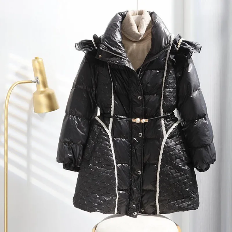 

Женский пуховик с воротником-стойкой, белый пуховик на белом утином пуху с кружевными вставками и бусинами, теплая куртка на зиму, s1822