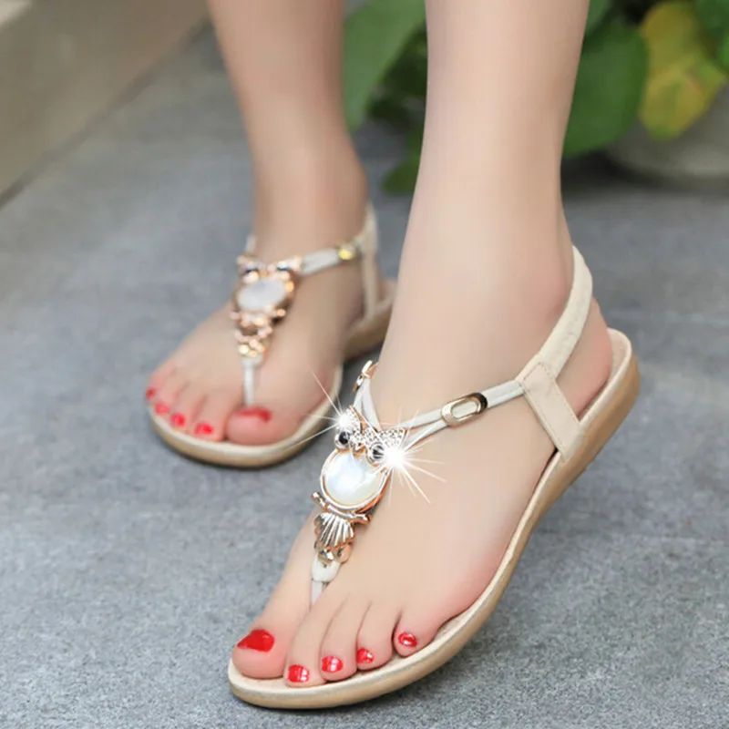 

New Summer Flat Sandals Women Shoes New Luxury Owl Rhinestone Women Sandals Bohemian Beach Sandals Black Blue Beige