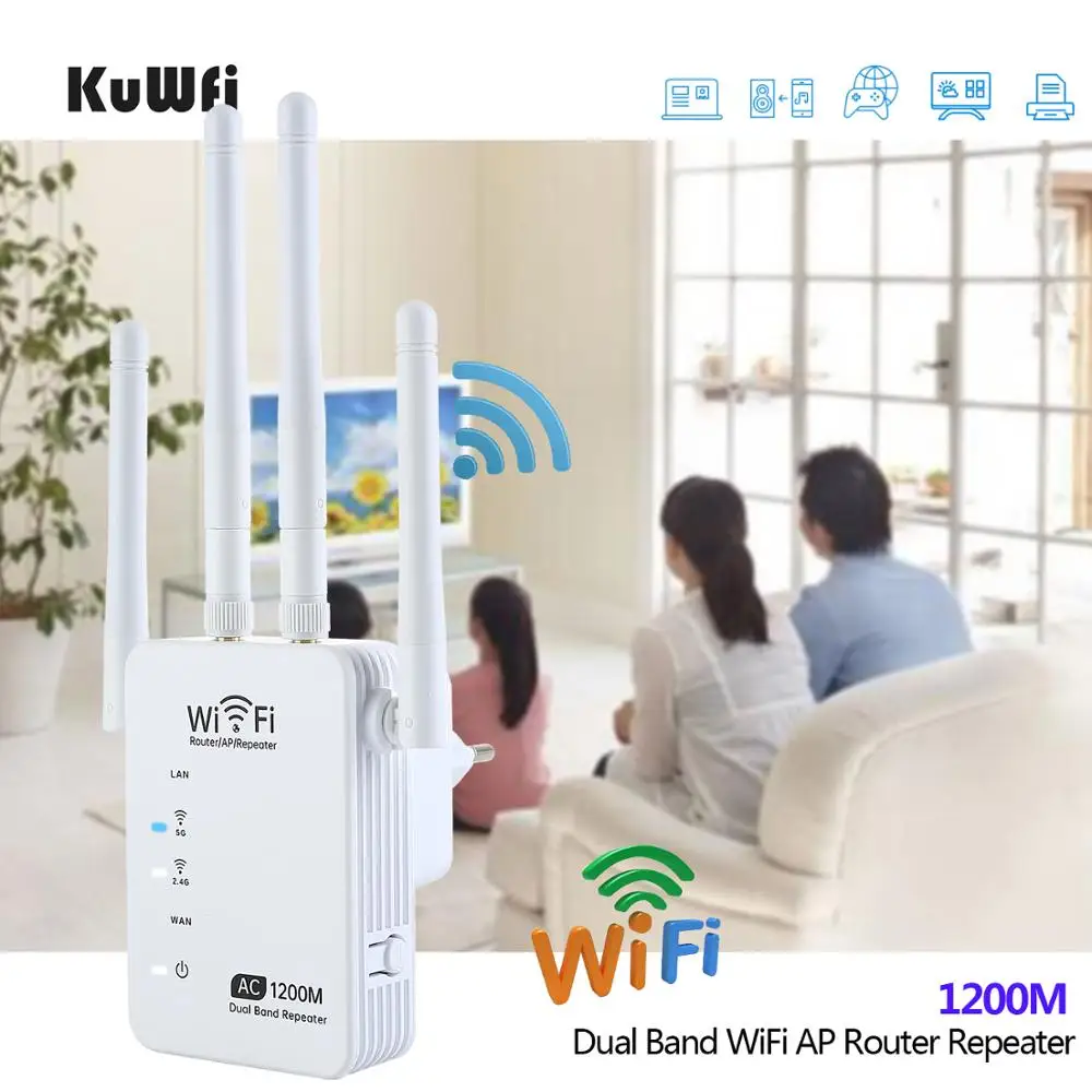 

KuWFi 1200Mbps Wifi Repeater Dual Band AP Router Repeater Long Wifi Range Extender 4 Antenna Wifi Signal Amplifier Booster