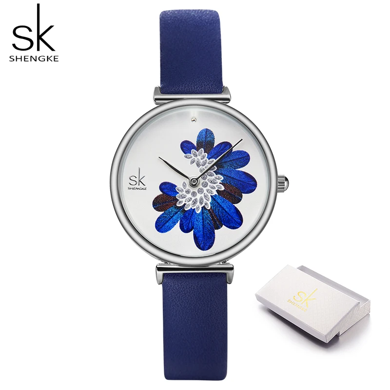 Blue with box Shengke женские часы лучший бренд роскошные кожаные Наручные часы для женщин синие перьевые часы Стильные кварцевые женские наручные часы с коробкой - Цвет: Blue with box