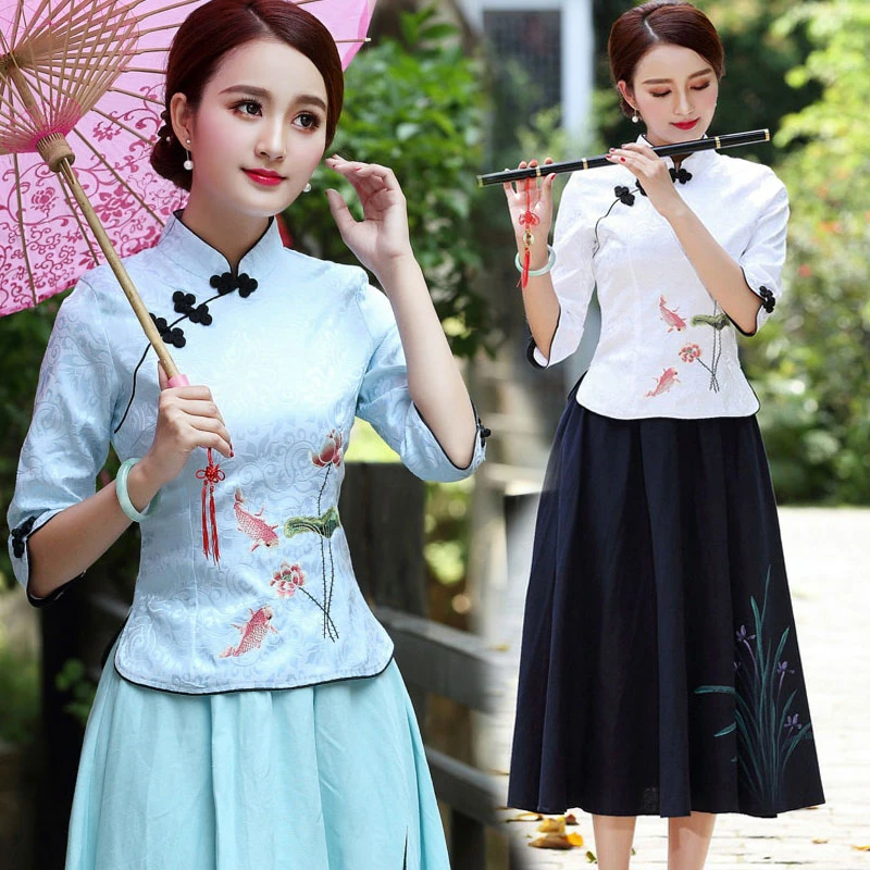 Женское платье-рубашка с коротким рукавом cheongsam hanfu китайский костюм из двух