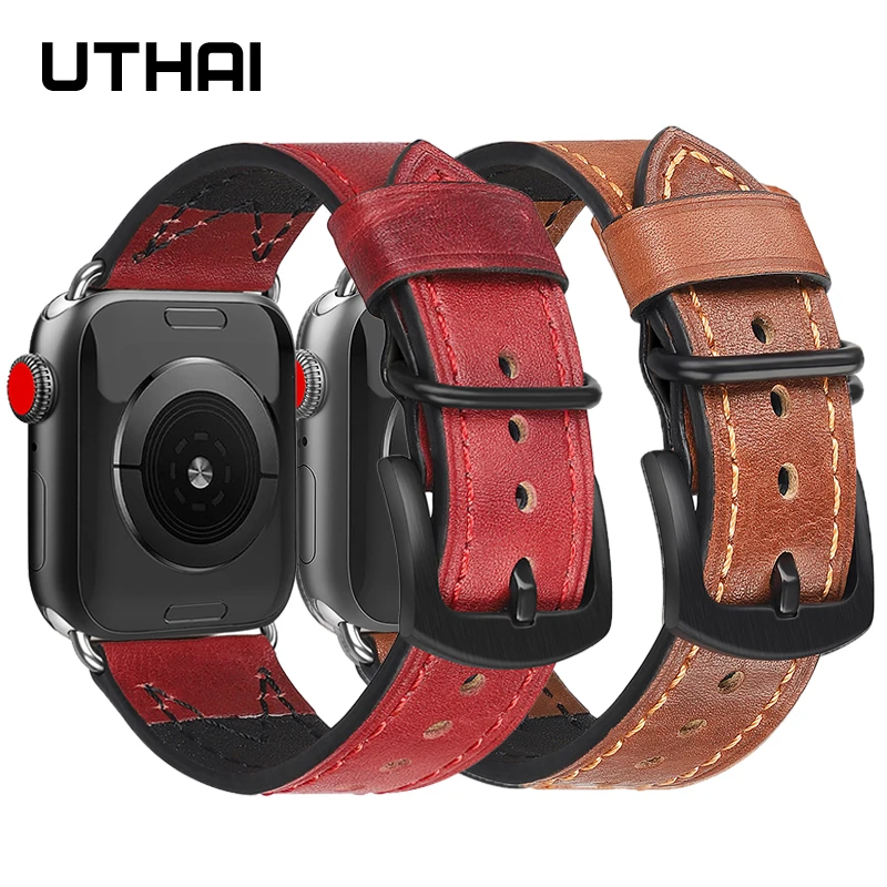 

UTHAI Watchbands high quality leather watch strap for iWatch se 7/6/5/4 40mm 44mm band for apple watch 1/2/3 38mm 42mm bracelet