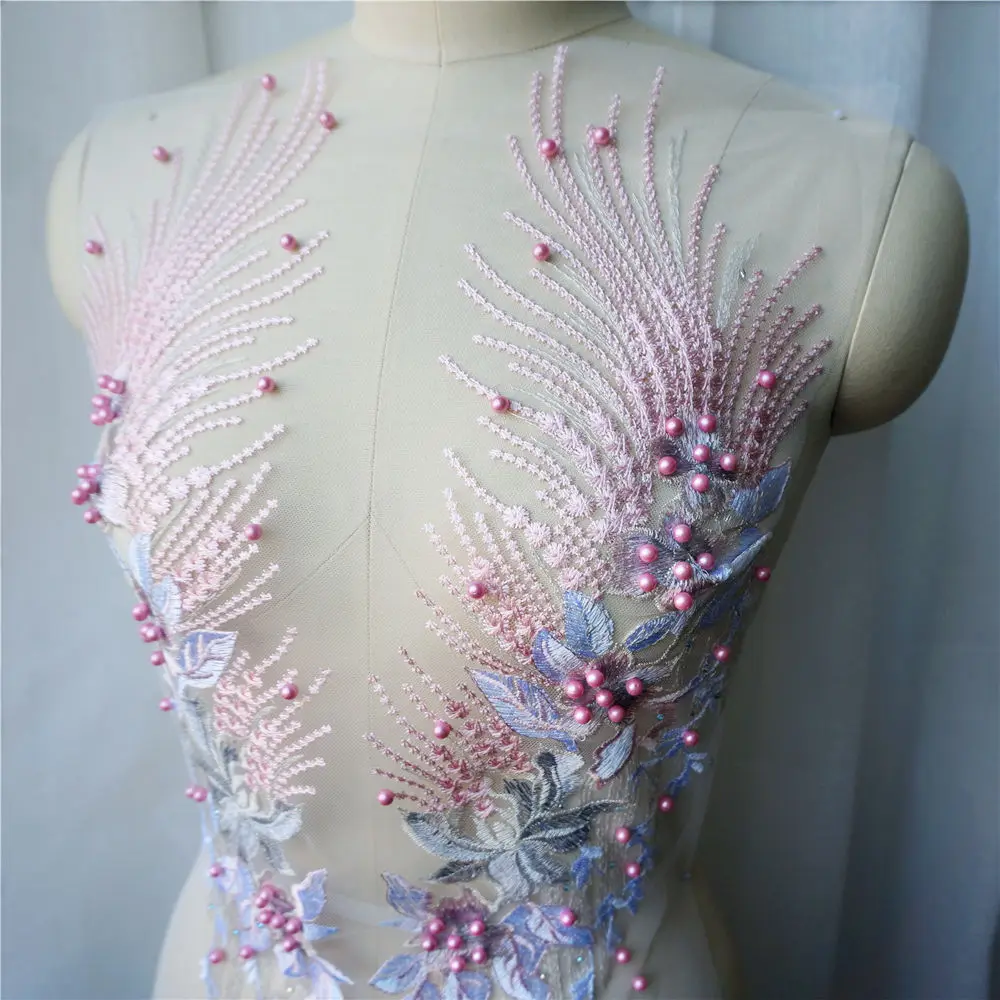 Розовые кружевные ткани цветы кисточки стразы вышивка Аппликации воротник сетка