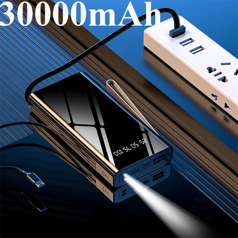 

Power Bank 30000mAh Built in Cables Poverbank Portable External Battery Charger Powerbank 30000 mAh for Xiaomi Mi iPhone Samsung