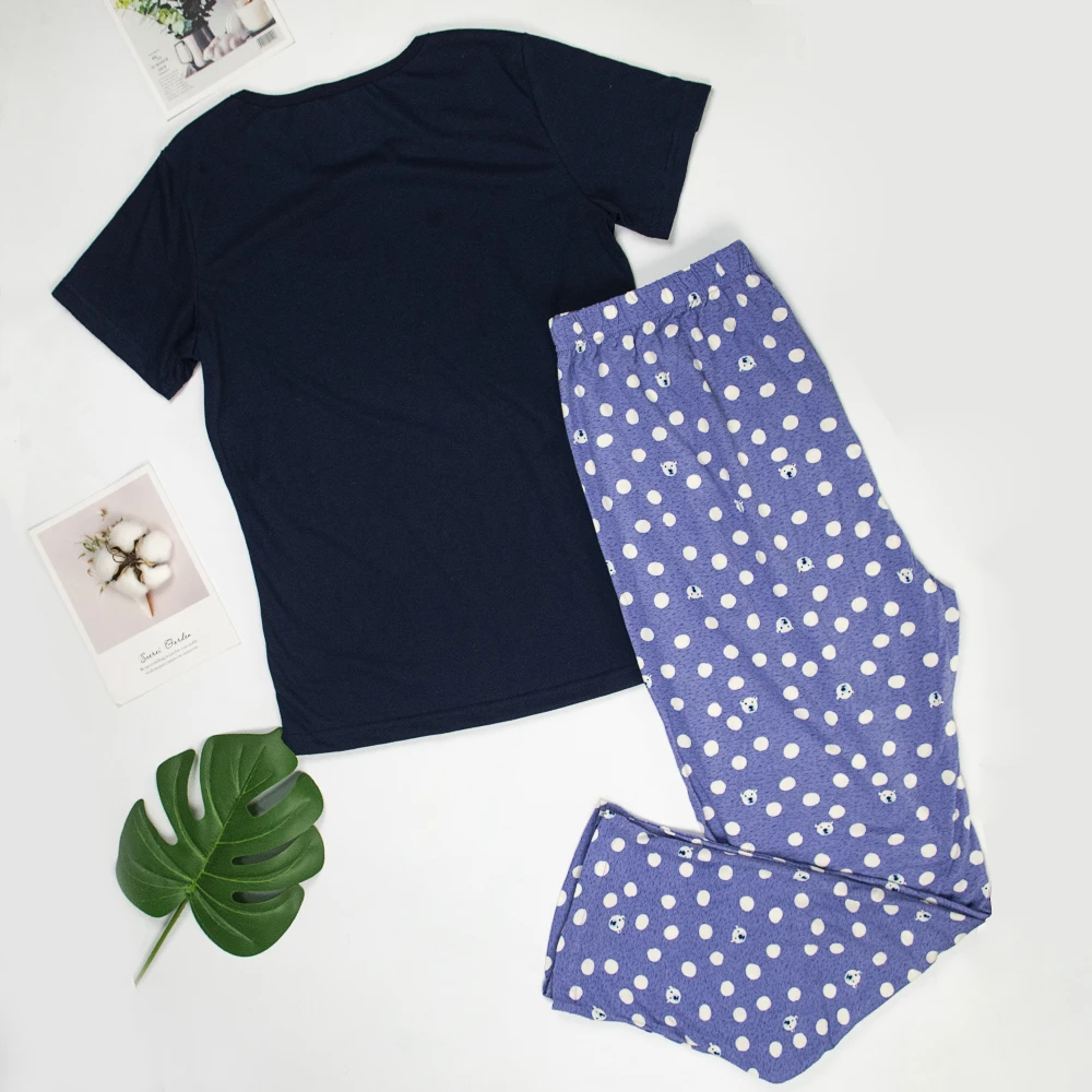 Пижама женская свободная с коротким рукавом + длинные брюки летняя из