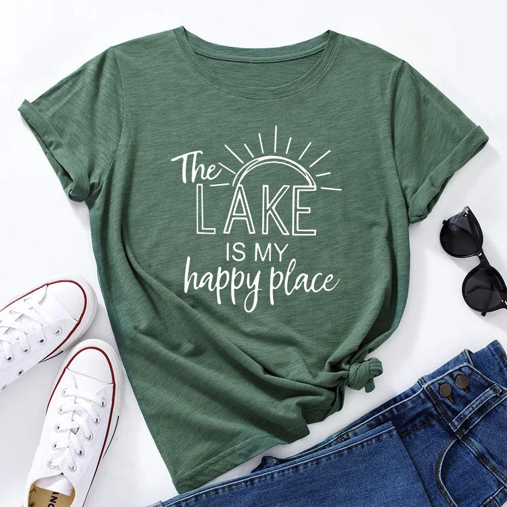 

The Lake Is My Happy Place Summer Women Short Sleeve 100% Cotton T-shirts Female Tee Top Graphic Tees Letter Print Tops Shirt