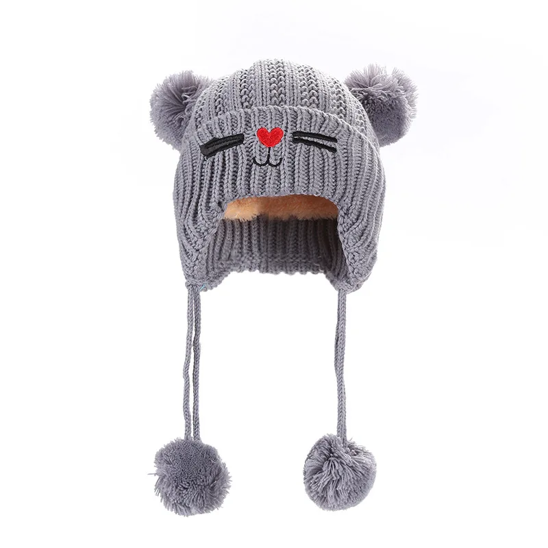 Детская вышивка мультяшного кота Beanie Зимняя Толстая вязаная теплая мягкая шапка с двойным помпоном для мальчиков и девочек, Кепка с ушами, шапочка для малышей