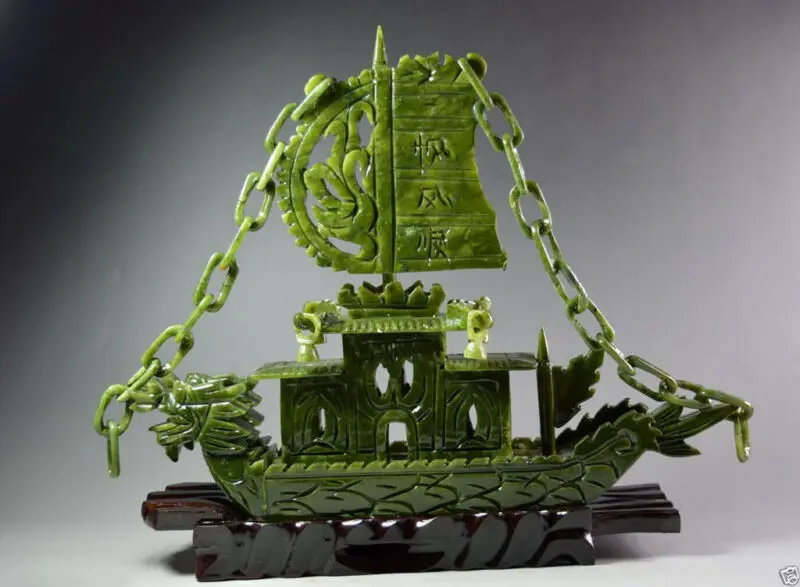 

Изысканная китайская 100% натуральная Нефритовая ручная резная статуя дракона благовония корабль дракона