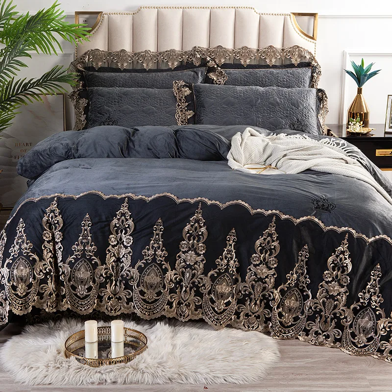 Роскошный европейский кружевной комплект постельного белья серое зеленое