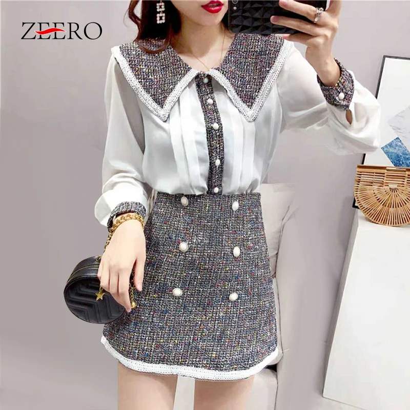 2019 осенний милый комплект из 2 предметов в клетку для девочек шифоновая блузка