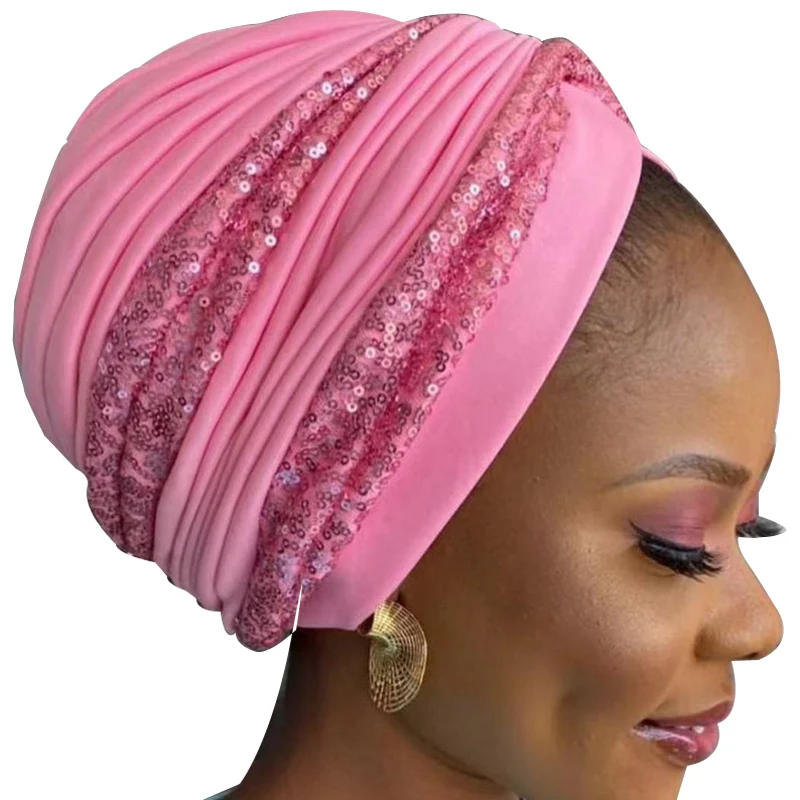 

Модный витой тюрбан шапки для женщин ручной работы в африканском стиле Auto Gele головной убор Однотонный женский головной платок мусульмански...