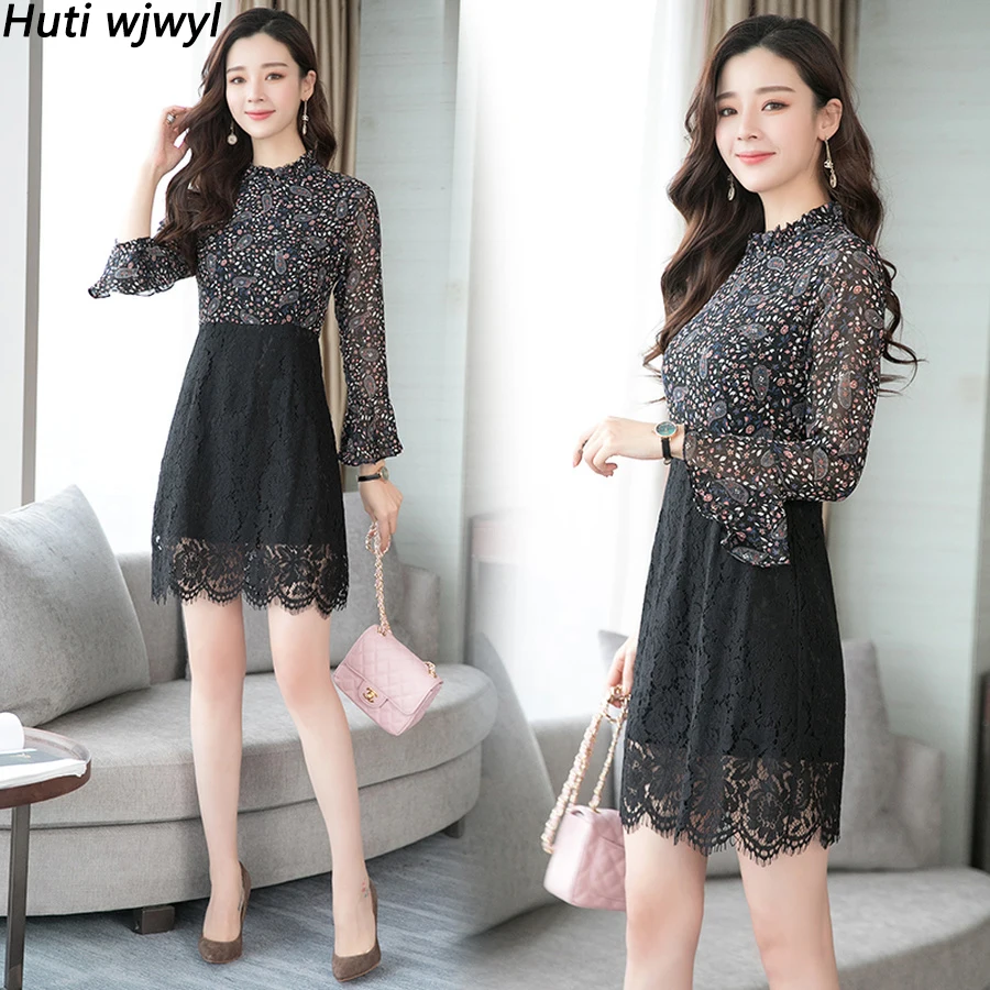 2019 винтажные черные шифоновые кружевные Мини платья с длинными рукавами Осень