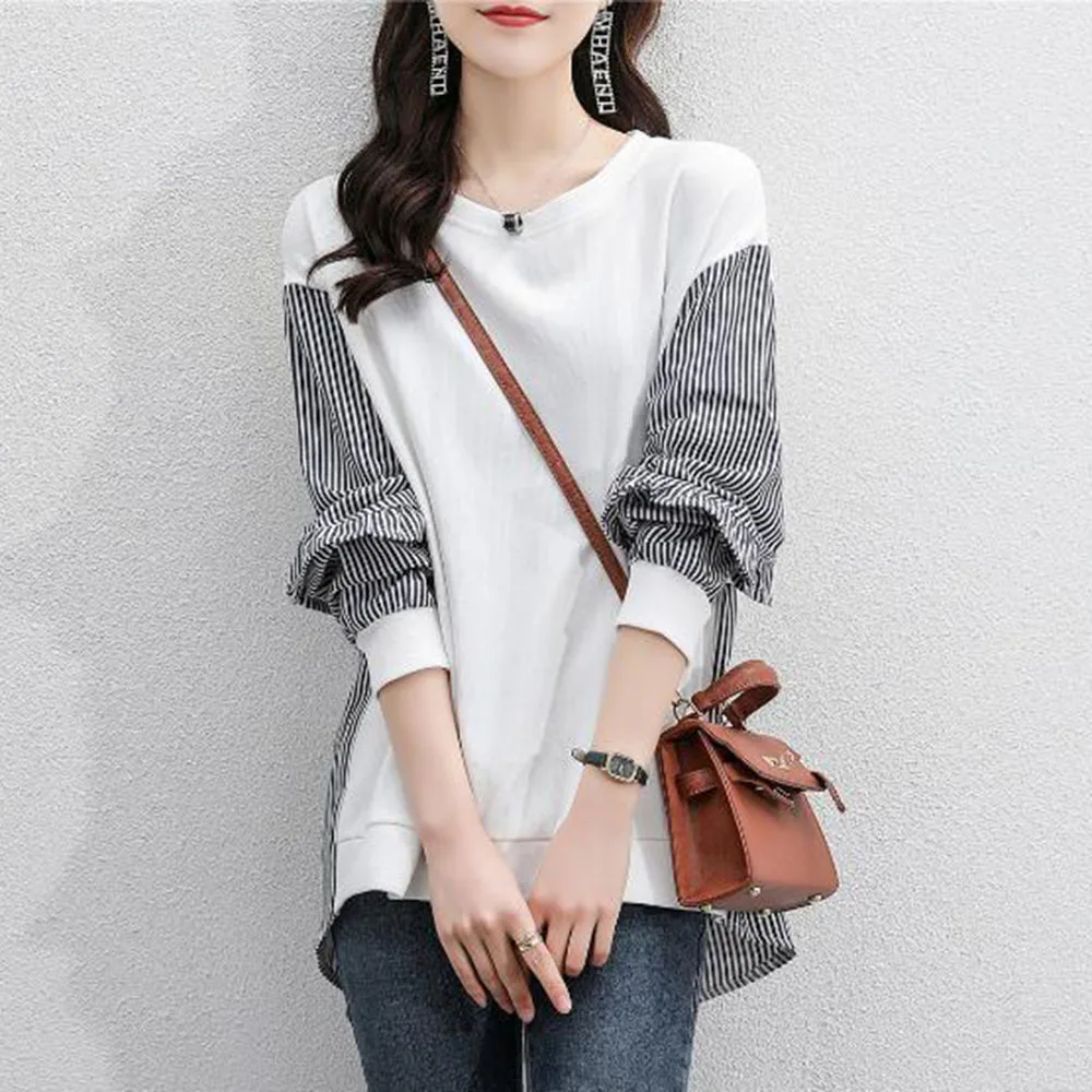 

Women's Sweatshirt Autumn Round Neck Patchwork Stripe Korea Fashion Pullover Hoodie Casual Loose Female Clothing Felpa Donna