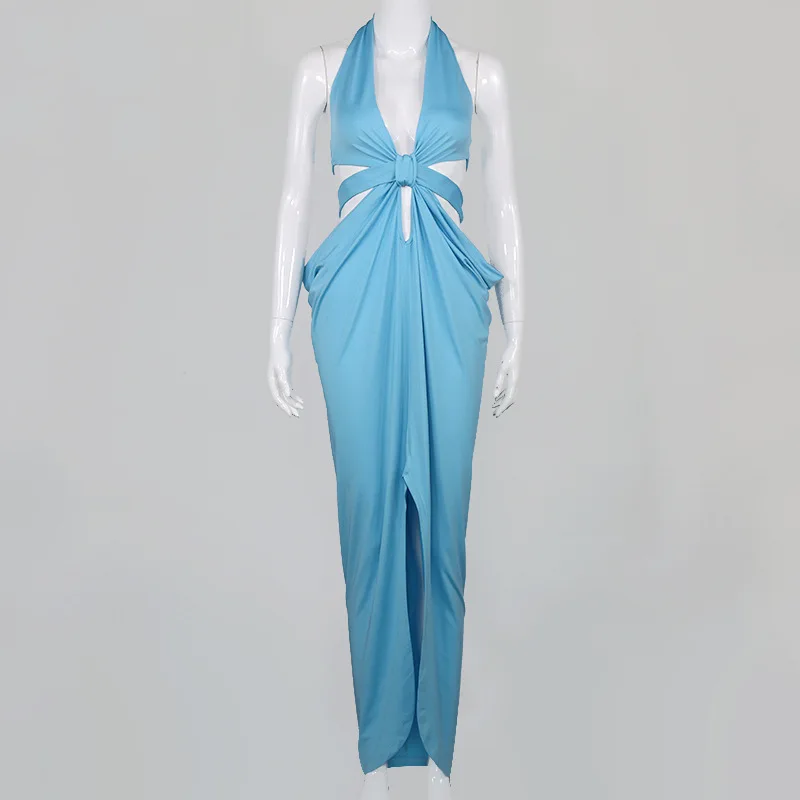 

Boho Style Long Dress Women 2021 Summer Halter Backless Party Wear Sexy Hollow Out Maxi Dresses Chic Yellow Blue Orange Sundress