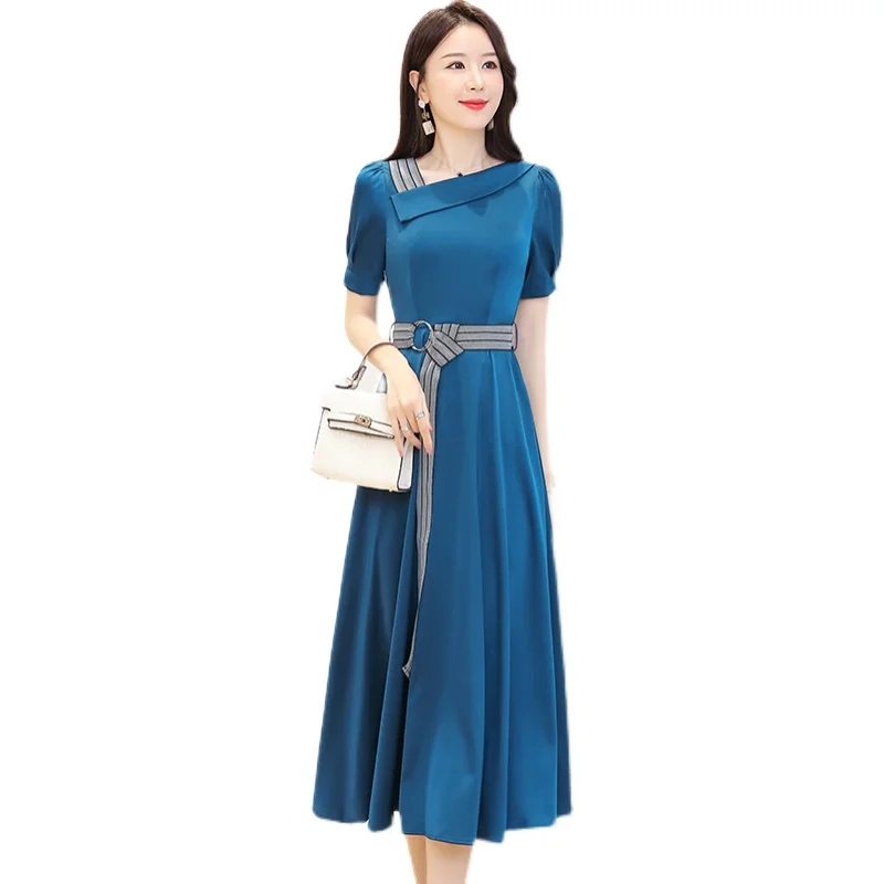

Women Long Dress Spring Summer 2021 New Office Lady Fashion Solid Short Sleeve Chiffon O-Neck V-Neck Navy Gray Lake Blue Dresses