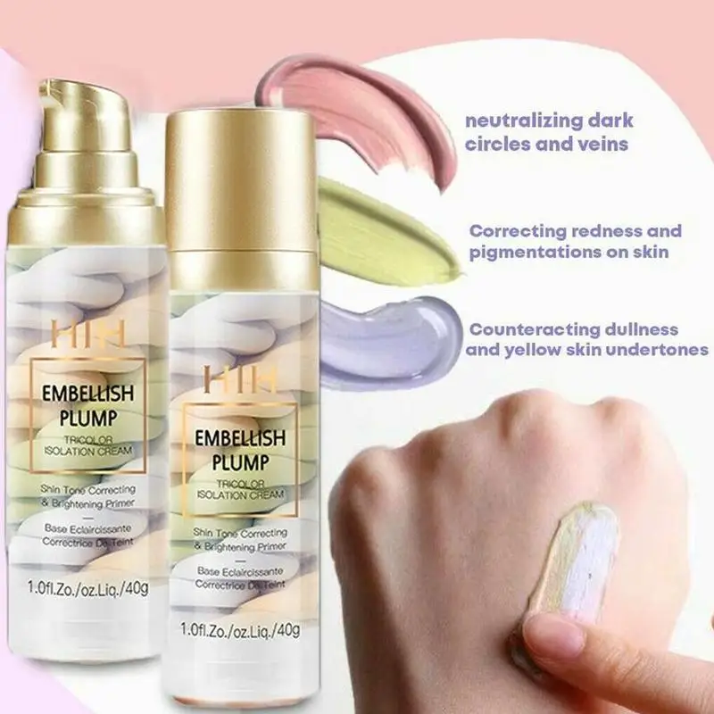 New One Step Correct Rainbow Tricolor Makeup Base Isolation Pre-milk Concealer Cream Invisible Pore Brighten Face |