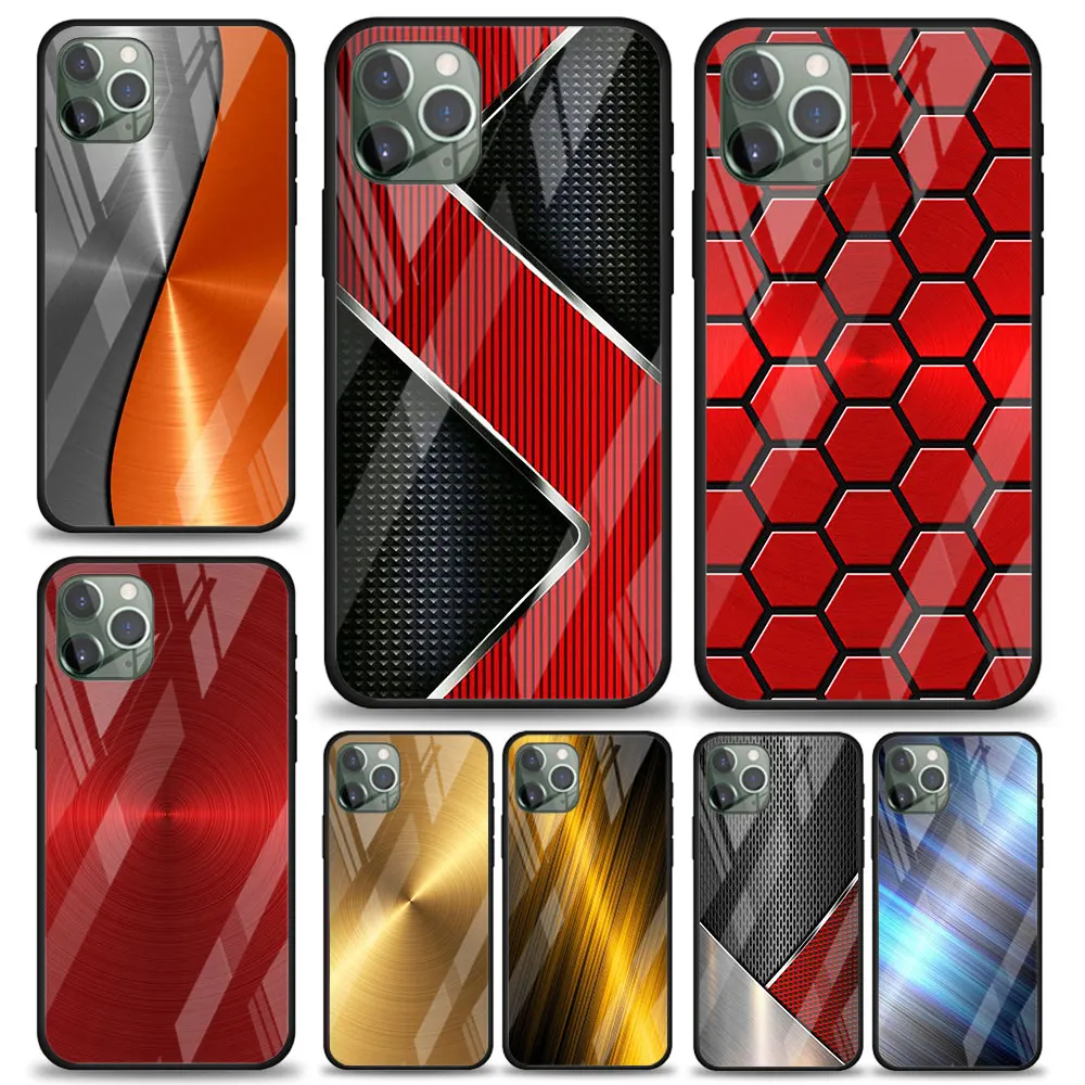 

Red Blue Brushed Metal for Apple iPhone 12 Pro Max Mini 11 Pro XS Max X XR 6S 6 7 8 Plus Luxury Tempered Glass Phone Case