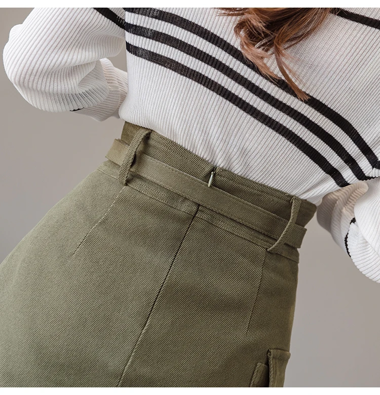 Trytree Autumn Women Casual Empire Short Skirt 5 Colour A-line Fashion Elegant Pockets Button Belt Mini Office Lady Short Skirt