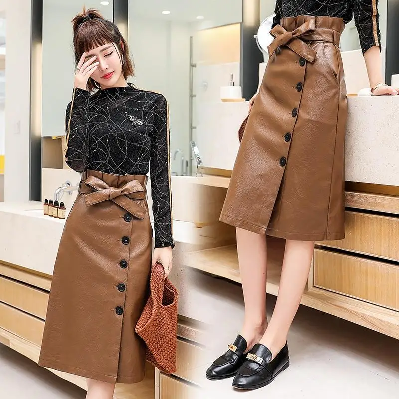 

Elengant High Waist Leather Penci Skirt Women Multi Button Wrapped Skirts Mujer Faldas Solid Pockets Femme Jupes New 2021