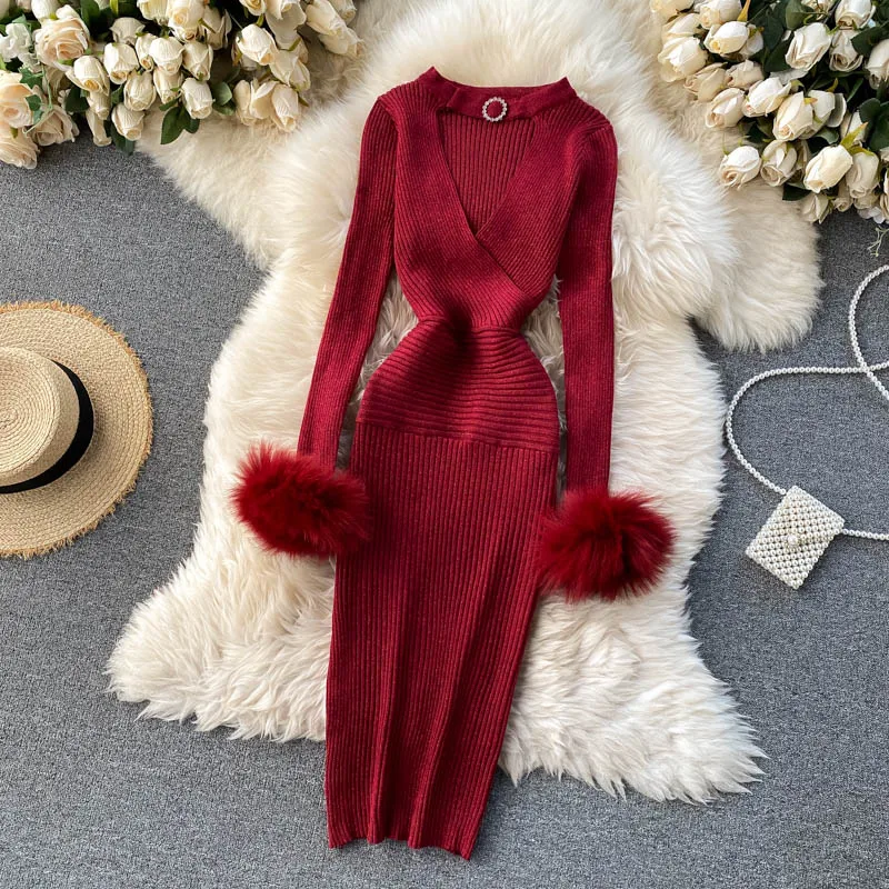 

2021 Women Sweater Dresses V-neck Hollow Out Office Lady Knitted OL Dress Sexy Skinny Hip Hop Y2K Vestidos De Mujer Elastic