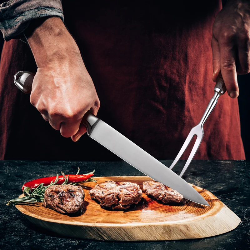 Shuangmali 2PC Roasting Fork Knife Set 5Cr15Mov Stainless Steel Barbecue Carving BBQ Meat Cutting Tool Wenge Wood Handle Cleaver - купить по