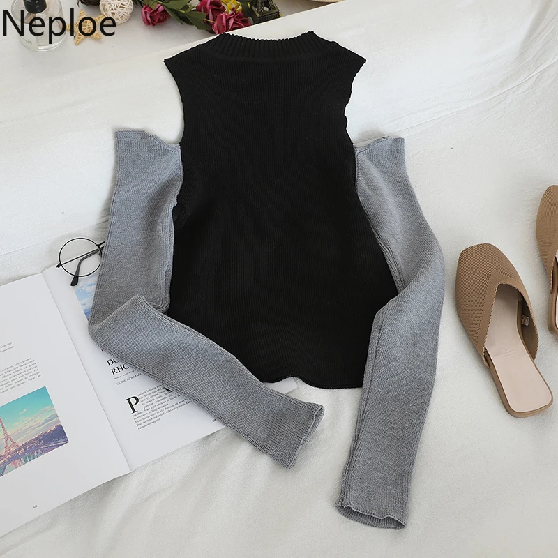 Neploe Sexy Off Shoulder Knit Bottom Sweater Contrast Color Patch Slim Pull Femme Hiver O Neck Long Sleeve Winter Clothes 48262 Женская