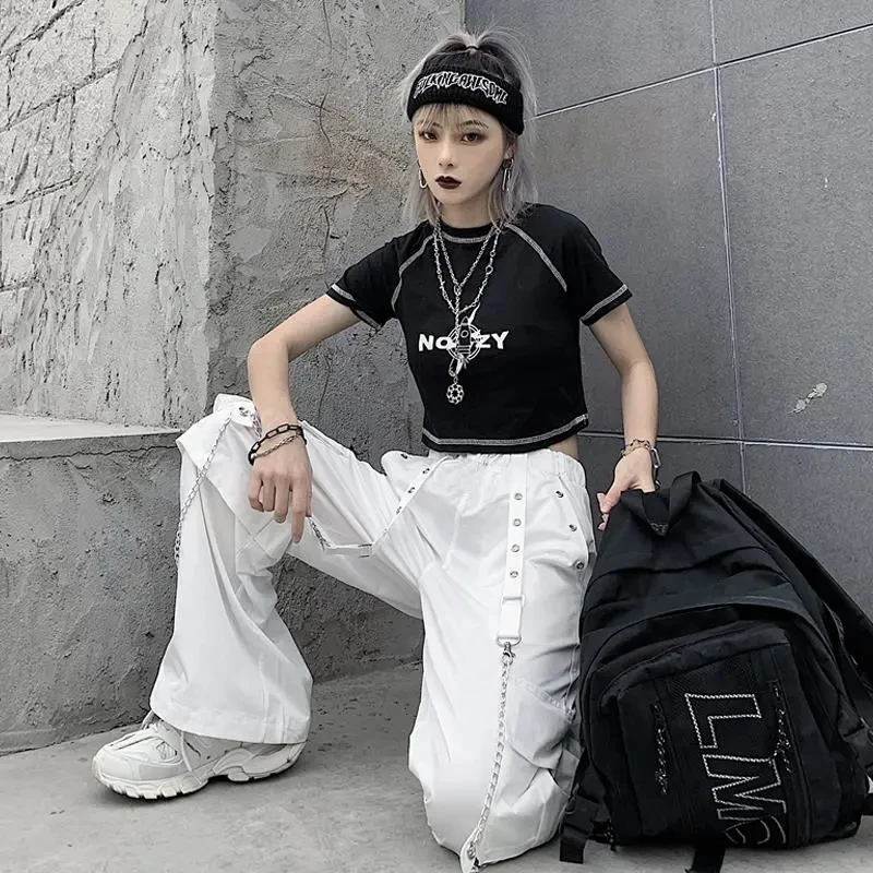 

Harajuku Goth trouser chain white overalls Korean version of INS hip-hop high waist loose slim straight wide leg mopping trouser
