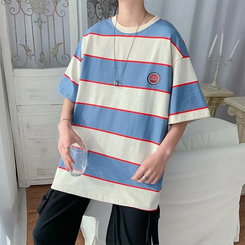 

Summer Japanese Fashion Hit Color Striped Tshirt Multicolor Patchwork Half-Sleeved Brief Vogue Clothes Male Korean Youth Men Top