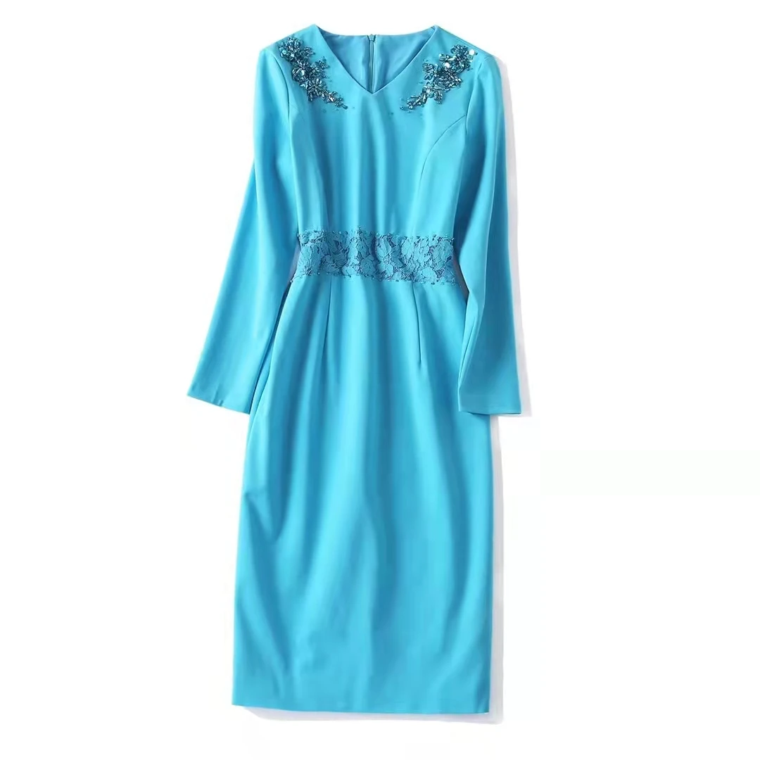 

Женская одежда в европейском и американском стиле, Новинка осени 2022, модное облегающее платье черного и синего цвета с длинными рукавами и V-образным вырезом