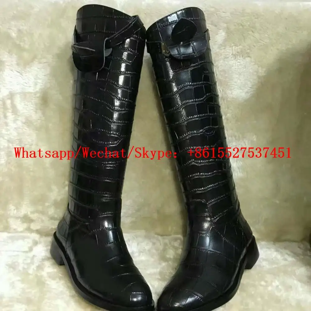New Design Knee-High Boots Mujer Plus Size 42 Belt Buckle Decor Winter Shoes Woman Black Leather Fashion Women Flat Boots