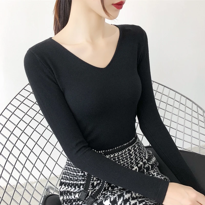 Женская Черная нижняя рубашка с V образным вырезом и длинным рукавом тонкая