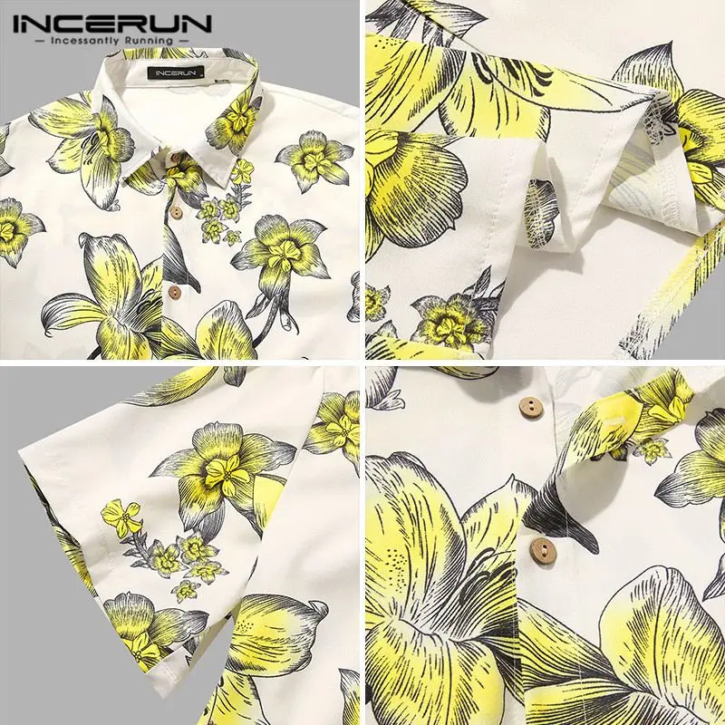 

Men Short Sleeve Print Shirts INCERUN Fashion Trun Down Collar Blouse Summer Holiday Flower Floral Shirts Man Loose Camisa S-3XL