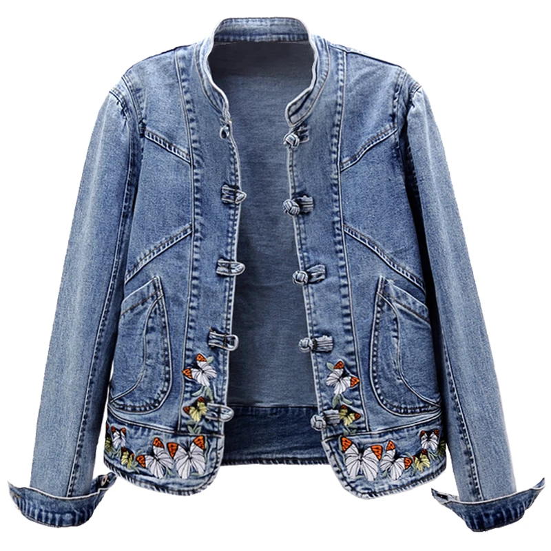

Vintage Ladies Jeans Jacket 2021Spring Autumn Embroidered Stretch Denim Jacket Fashion Stand collar Women's Short Coat Tops